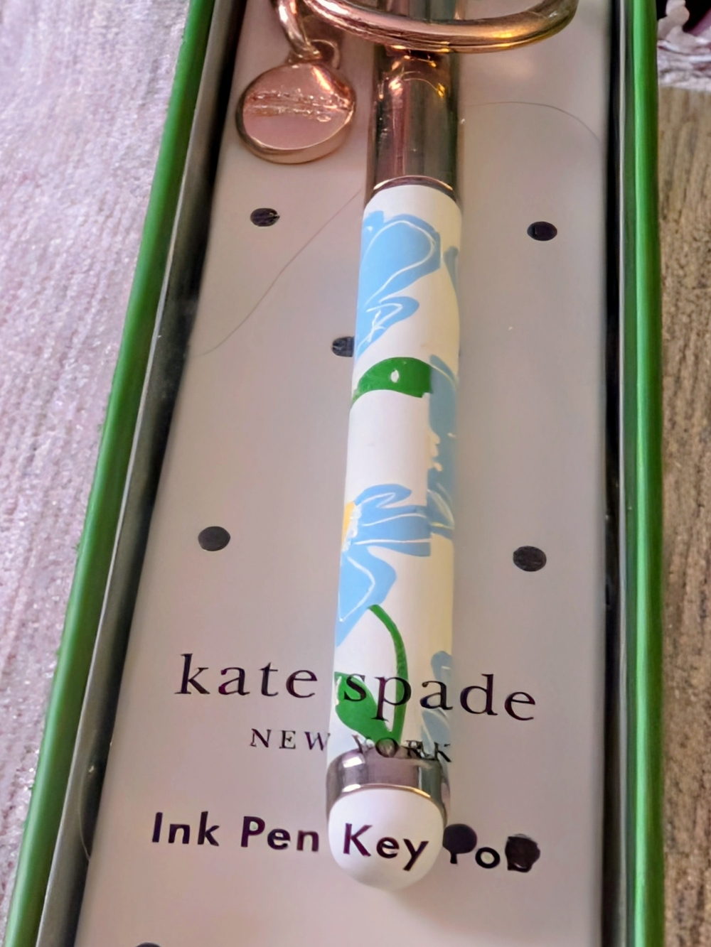kate spade Blue and Green Floral Pen Key Fob with Rose Gold Hardware